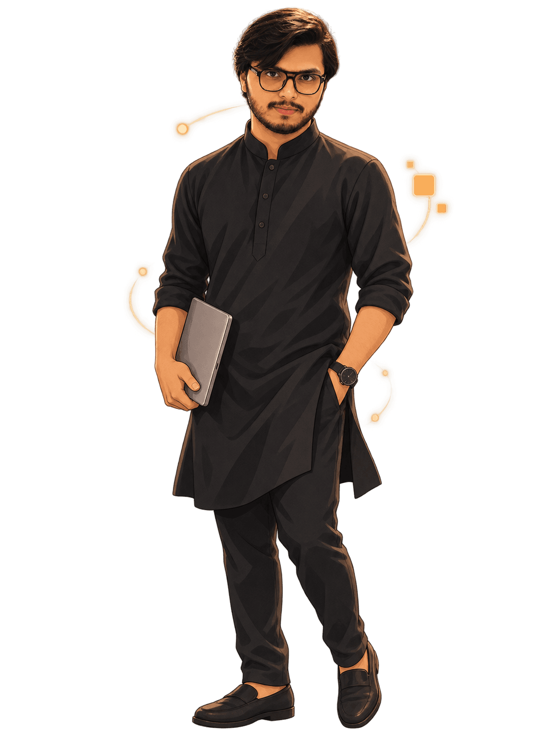 Illustrated portrait of Ibtisam holding a laptop